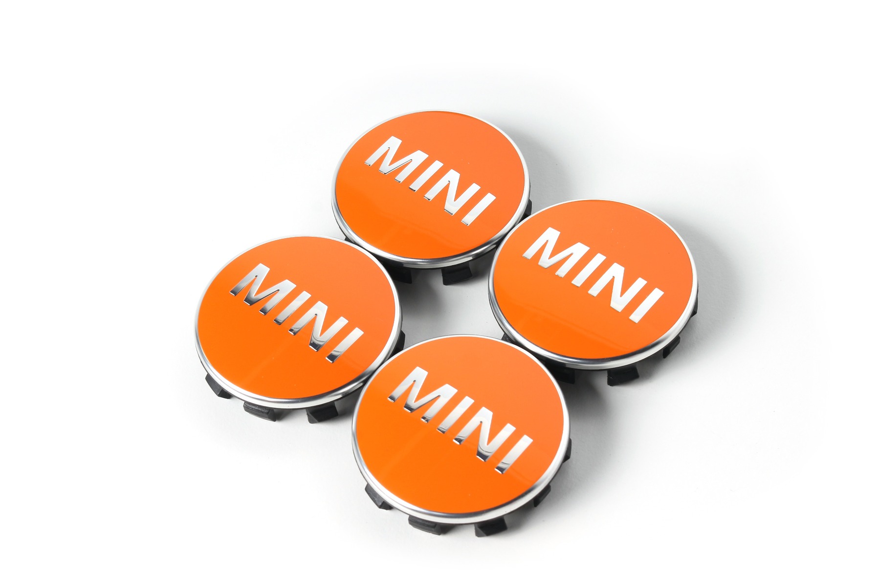 1 Satz MINI Nabendeckel mit Chromrand (Bright Orange)